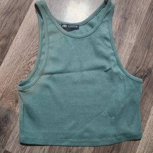 Zara Sage Green Cropped Ribbed Tank Top